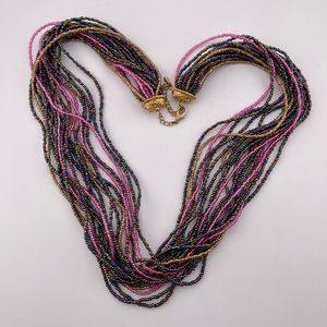 Vintage Multi Strand Beaded Necklace Pinks Gold Tone